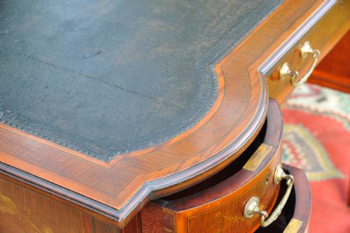 MAPLE CO ANTIQUE SEVEN DRAWER TWIN PEDESTAL LEATHER LINED INLAID WRITING DESK - ADDITIONAL PHOTO 14