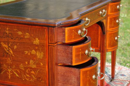 MAPLE CO ANTIQUE SEVEN DRAWER TWIN PEDESTAL LEATHER LINED INLAID WRITING DESK - ADDITIONAL PHOTO 15