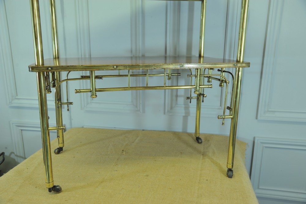 An Antique Vintage Early 20c Walnut and Brass two Tier Trolley Drinks Cart     View IV