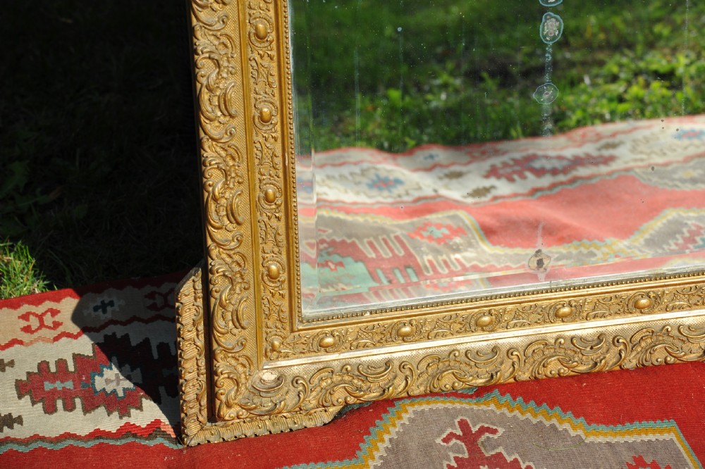 An Very Large Antique 19c French Gilt Gesso Beveled Wall Mirror   View X