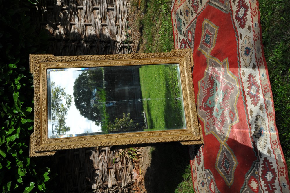 A large rectangular 19th-century French wall mirror featuring an ornate gold gilt gesso frame with floral relief details and bevelled glass. View III