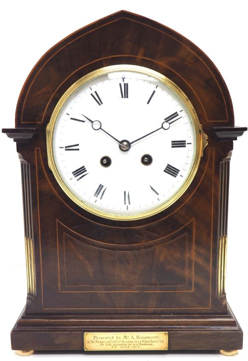 Antique French Flame Mahogany Bracket Clock - 8-Day Striking Mantle Clock

