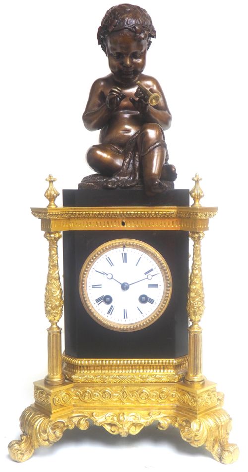 Antique Ormolu Bronze Mantel Clock Trumpet Playing Child Solid Bronze Bell Striking 8-Day Mantle Clock