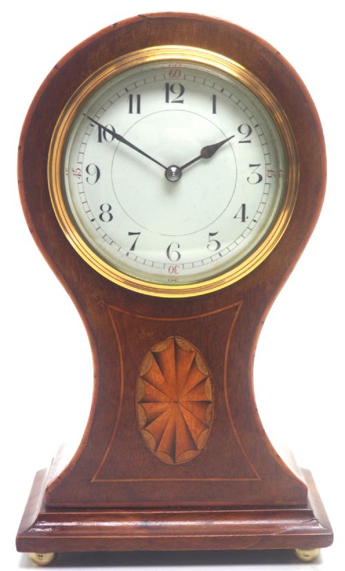Antique French 8-Day Balloon Mantel Clock – Solid Mahogany Case with Multi Wood Inlay 