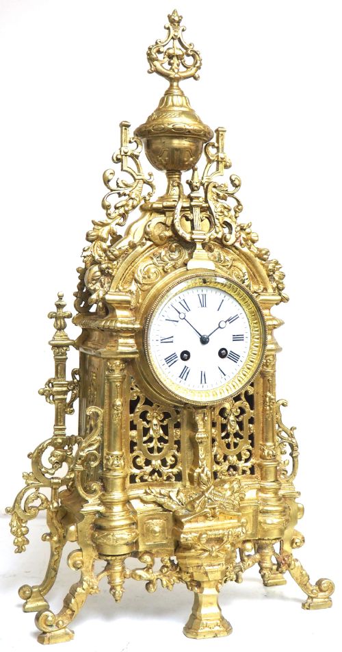 Fine French Ormolu Mantel Clock Scrolling Floral Case Striking 8-Day Mantle Clock
