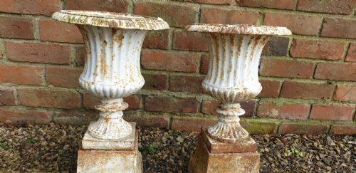 PAIR GARDEN CAST IRON URNS ON PLINTHS - ADDITIONAL PHOTO 3