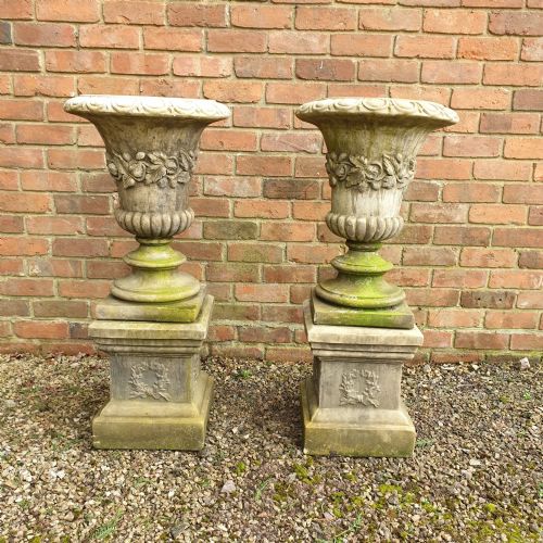 wonderful pair garden urns on plinths - CATEGORY: ANTIQUE MISCELLANEOUS - DATED 1950