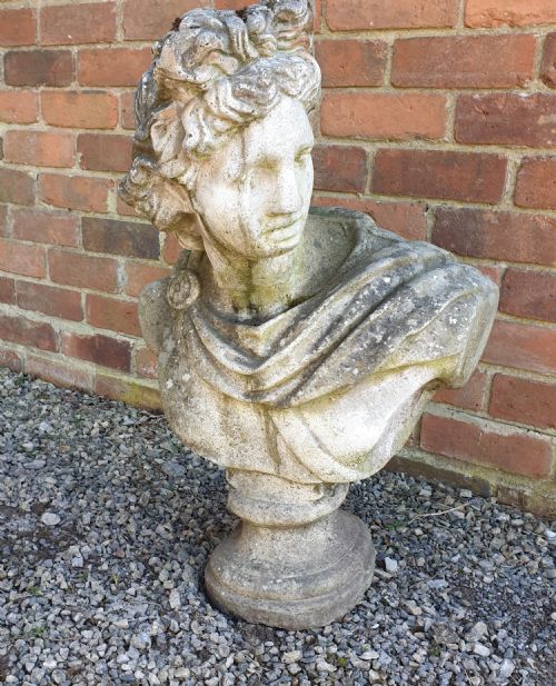 LARGE STONE GARDEN BUST OF APPOLLO ON PLINTH - ADDITIONAL PHOTO 1