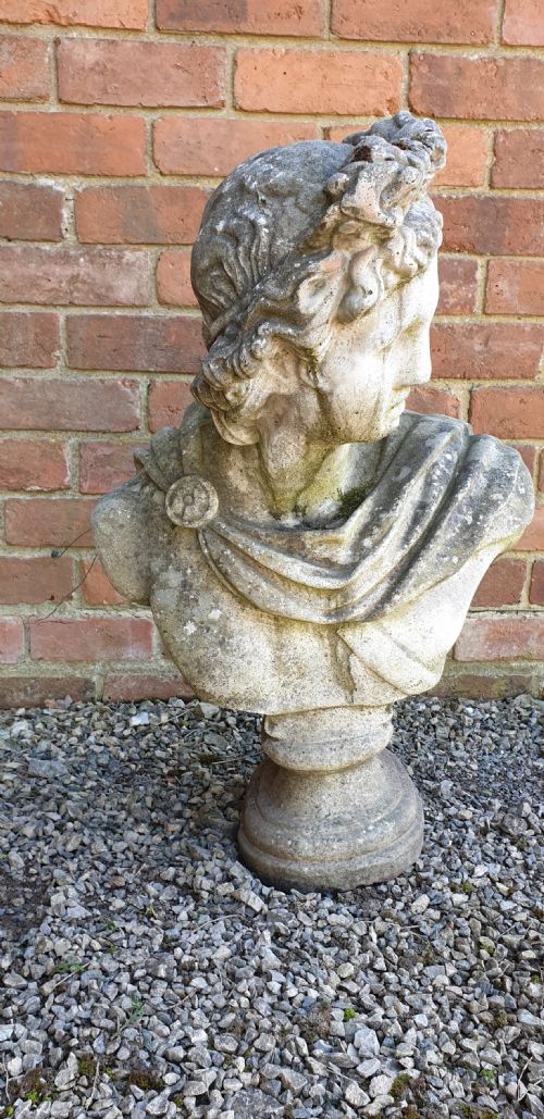 LARGE STONE GARDEN BUST OF APPOLLO ON PLINTH - ADDITIONAL PHOTO 2