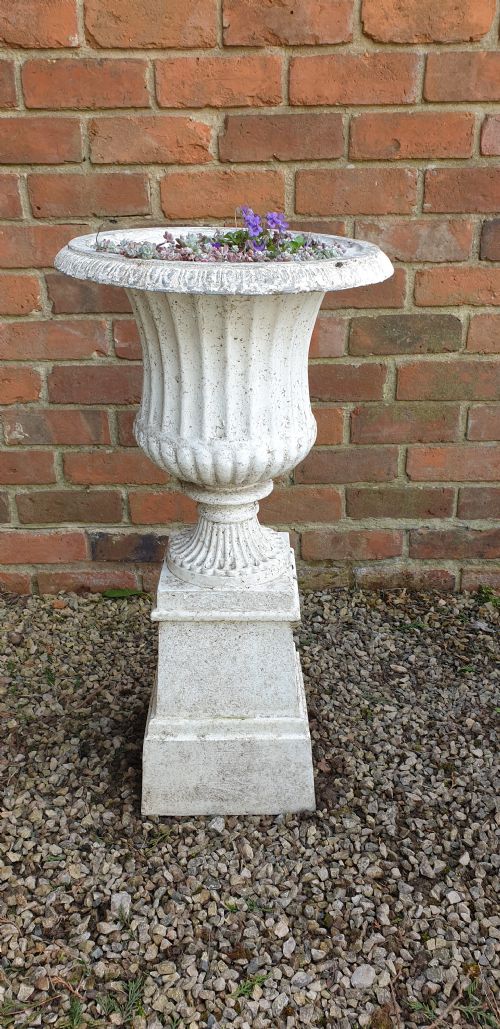 mixed metal painted garden urn on plinth - CATEGORY: ANTIQUE METAL - DATED 1930