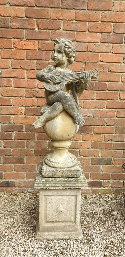SET THREE LARGE GARDEN CHERUBS ON PLINTHS - ADDITIONAL PHOTO 2