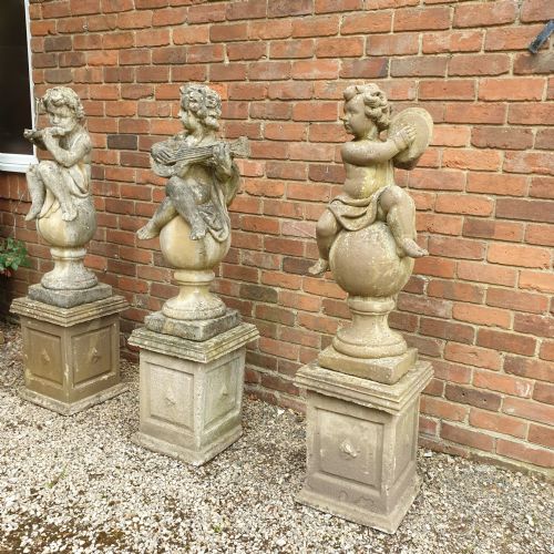 SET THREE LARGE GARDEN CHERUBS ON PLINTHS - ADDITIONAL PHOTO 5