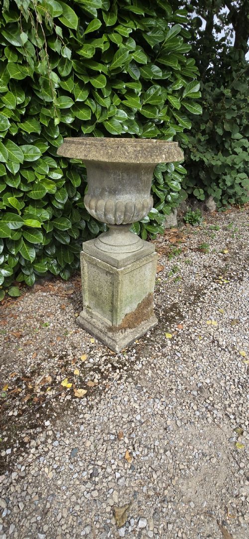 GOOD WEATHERED GARDEN URN ON PEDESTAL - ADDITIONAL PHOTO 3