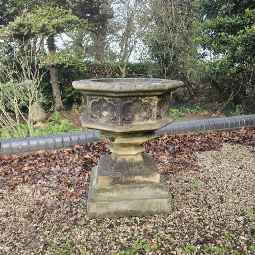 LARGE SEVEN SIDED WELL WEATHERED GARDEN URN - ADDITIONAL PHOTO 1