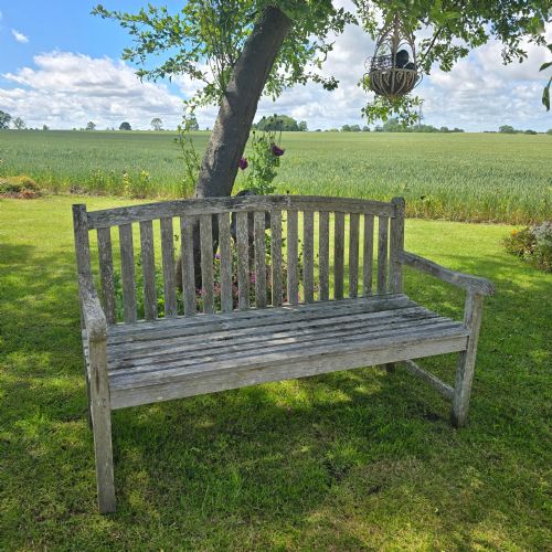 WELL SILVERED VINTAGE TEAK GARDEN BENCH