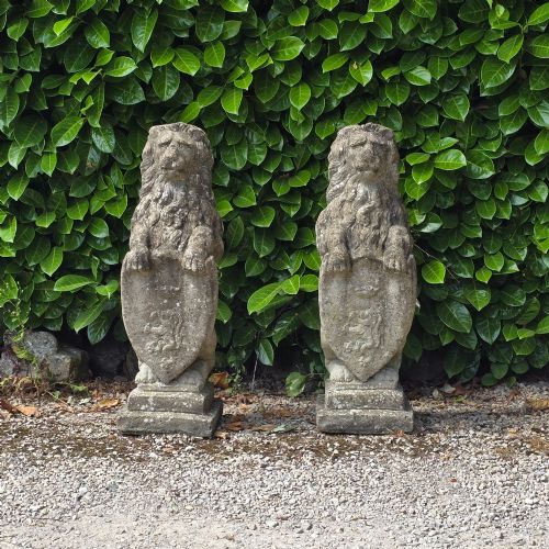 LARGE PAIR WEATHERED STANDING LIONS