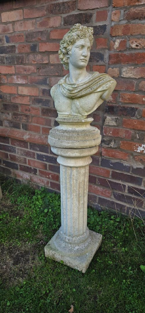 fig 1. A light grey stone bust of Apollo Belvedere resting atop a matching fluted column plinth with visible outdoor weathering.