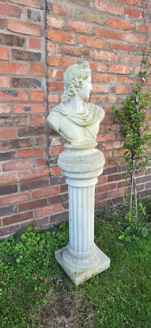 A light grey stone bust of Apollo Belvedere resting atop a matching fluted column plinth with visible outdoor weathering. View III