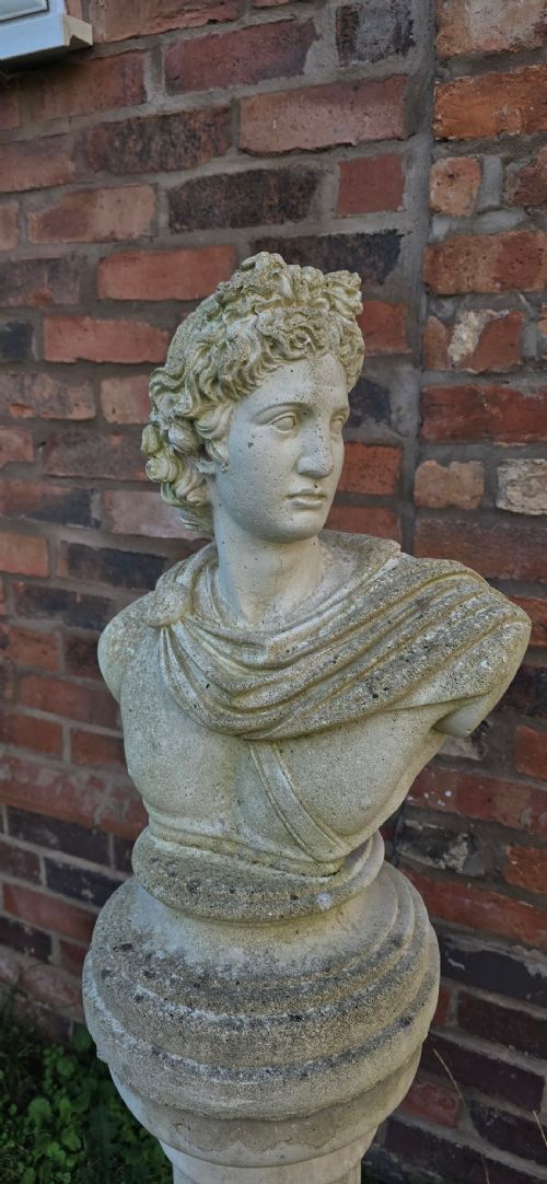 A light grey stone bust of Apollo Belvedere resting atop a matching fluted column plinth with visible outdoor weathering. View IV