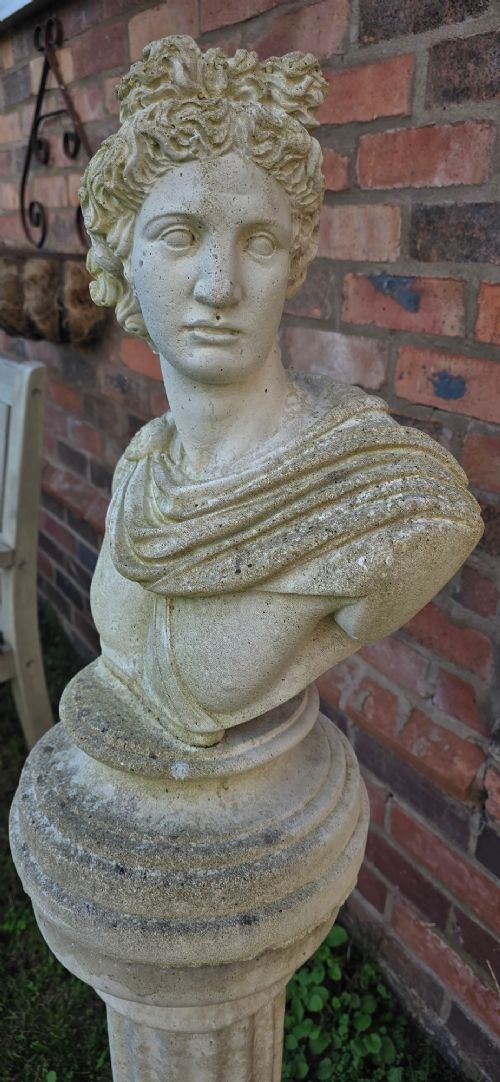 A light grey stone bust of Apollo Belvedere resting atop a matching fluted column plinth with visible outdoor weathering. View V