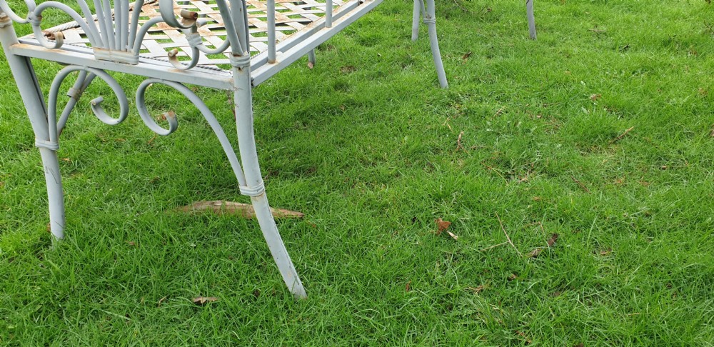 A pair of grey painted wrought iron garden benches featuring ornate scrollwork backrests and woven lattice seats. View VIII