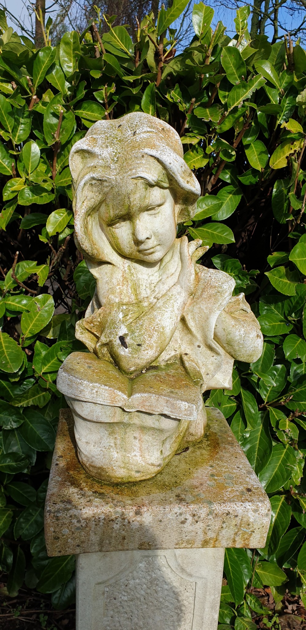 A weathered cast stone bust depicting a young child reading a book set upon a tall square pedestal plinth. View III