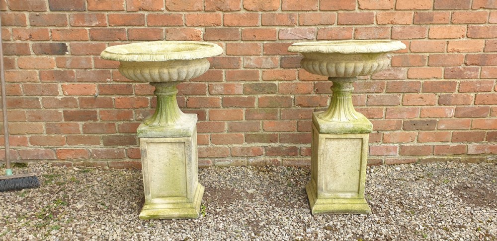 Pair Regency Garden Urns on Plinths View II
