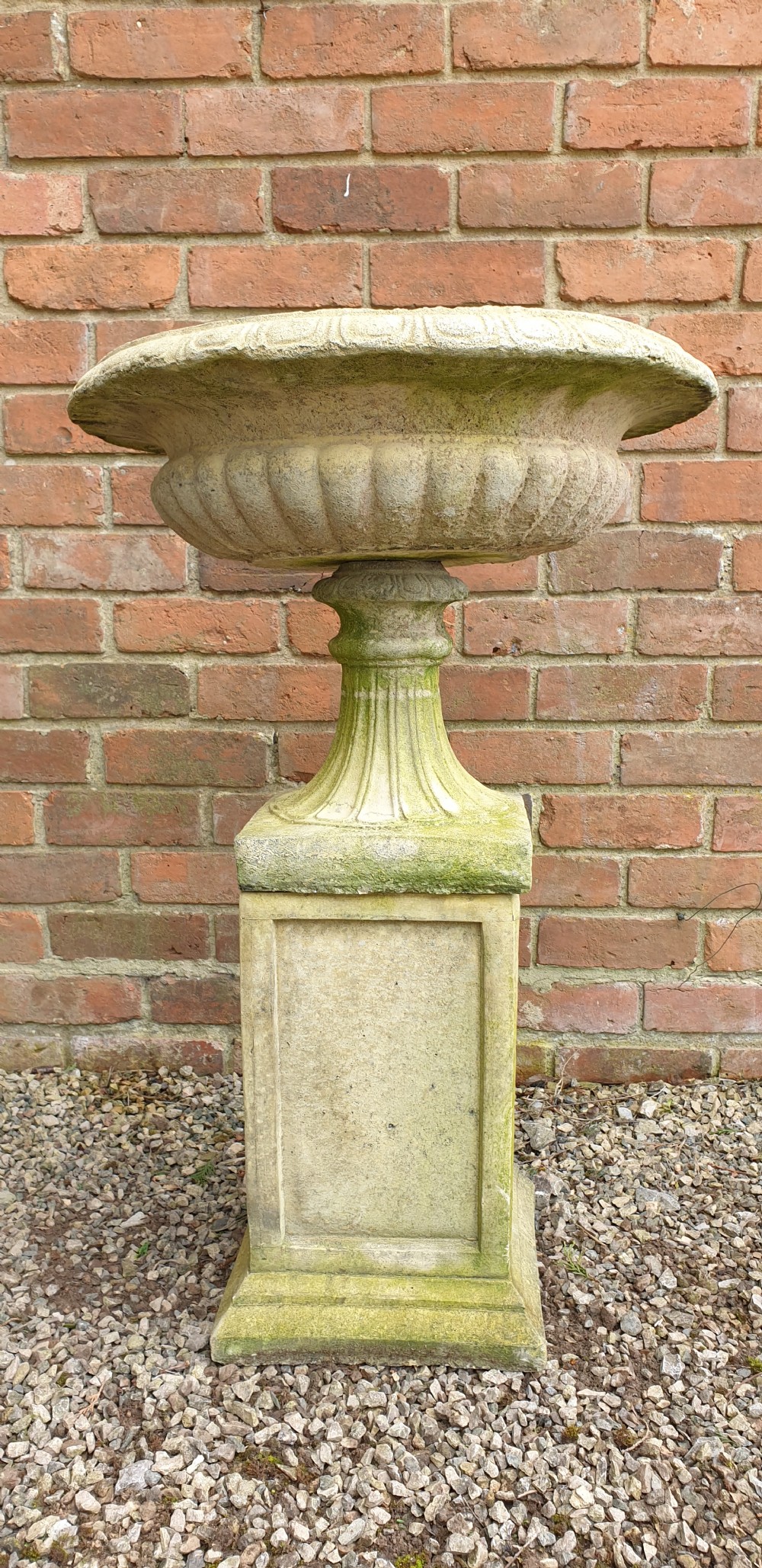 Pair Regency Garden Urns on Plinths View III