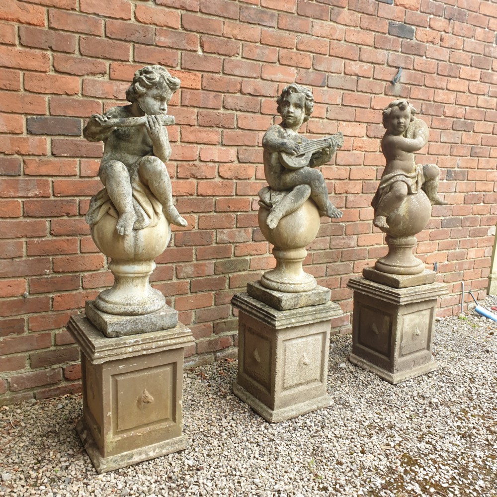 Set Three Large Garden Cherubs on Plinths View V