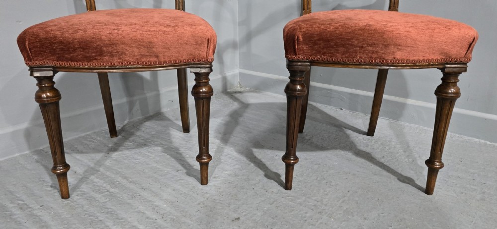 A pair of Victorian mahogany side chairs with openwork carved backs, turned front legs, and terracotta velvet seats. View II