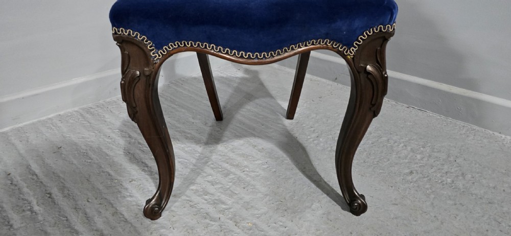 A Victorian rosewood side chair featuring an openwork balloon back, blue velvet upholstered seat, and cabriole legs. View V
