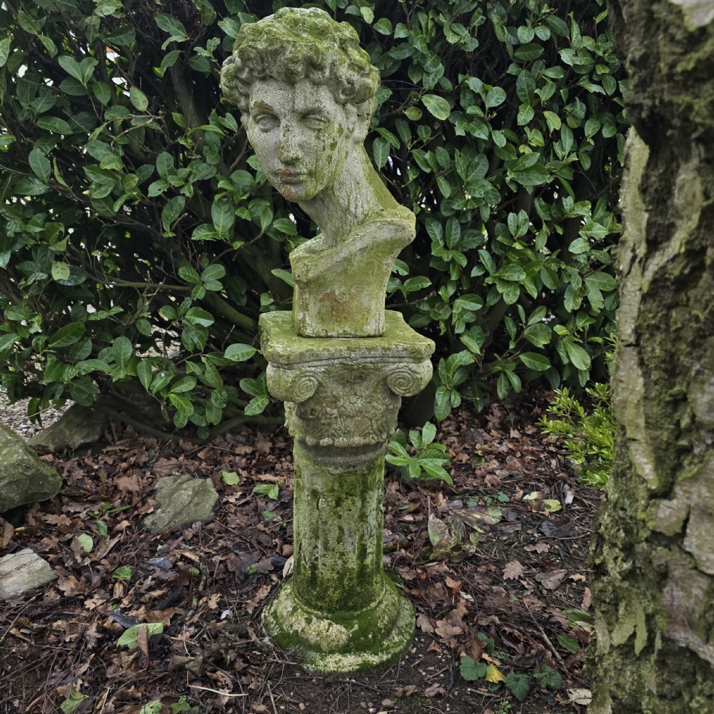 A weathered stone bust of David resting atop a carved Ionic column plinth covered in green moss.