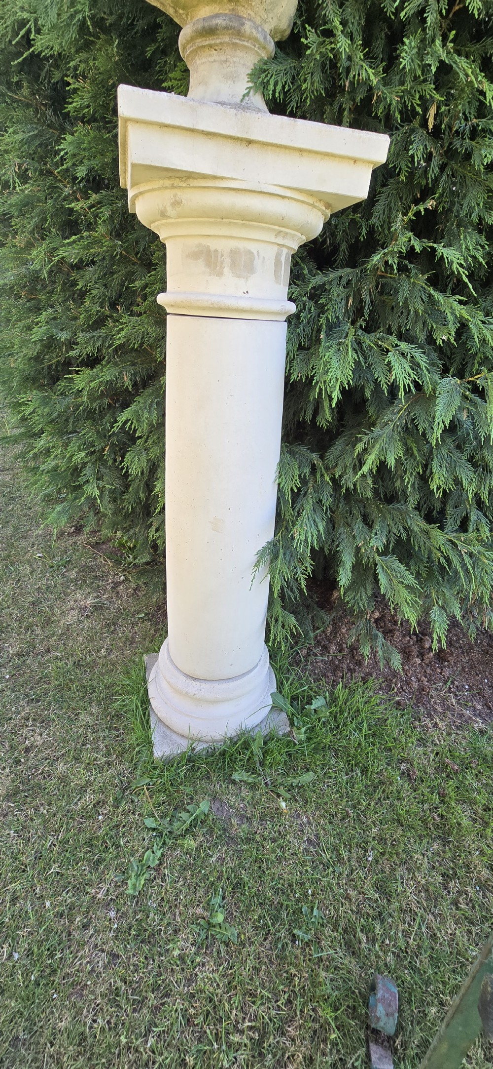 A weathered pale stone classical male bust mounted on a tall cylindrical column pedestal against evergreen foliage. View VI