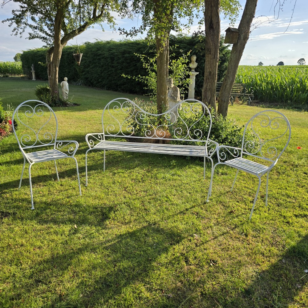 Wrought Iron Bench and Two Chairs