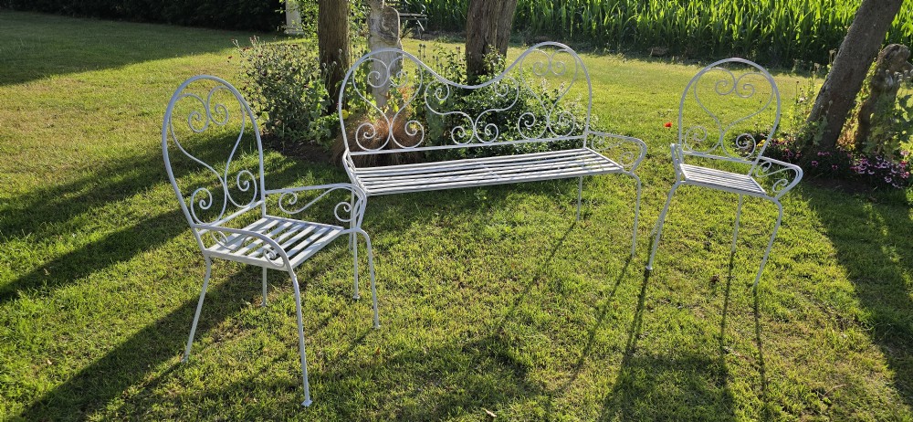 Wrought Iron Bench and Two Chairs View II