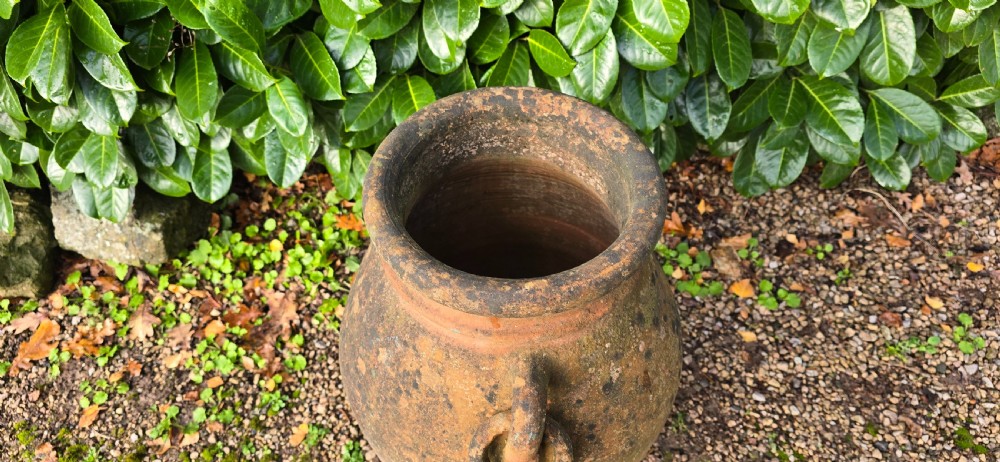 A weathered terracotta oil jar featuring a thick rolled rim, twin loop handles on the shoulders, and aged surface discolouration. View IV