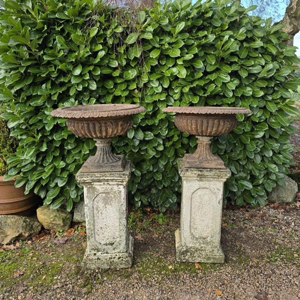 A pair of weathered cast iron garden urns with fluted rims resting on tall, square stone plinths. View IX