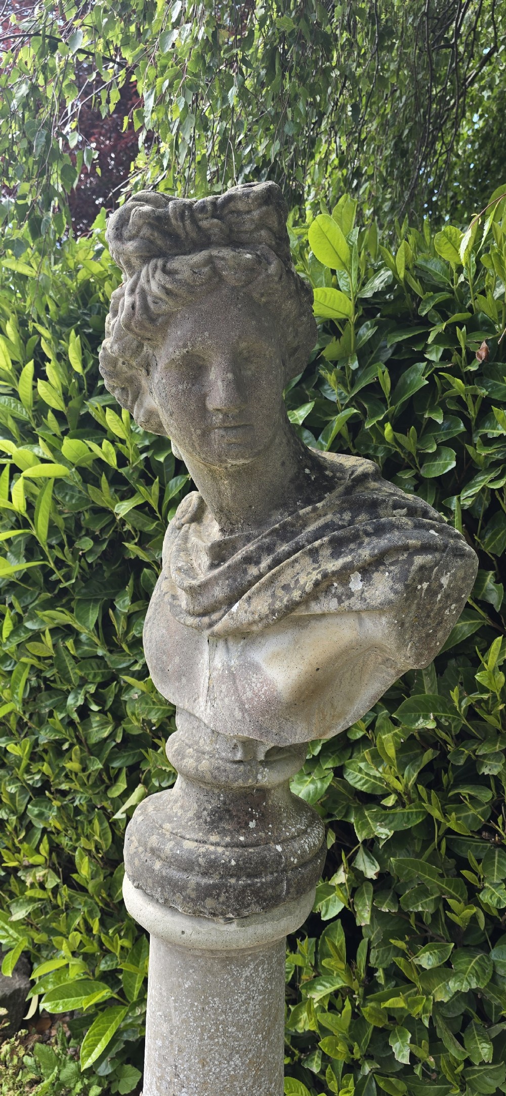 A weathered stone bust of Apollo set atop a cylindrical column pedestal with a square base. View III