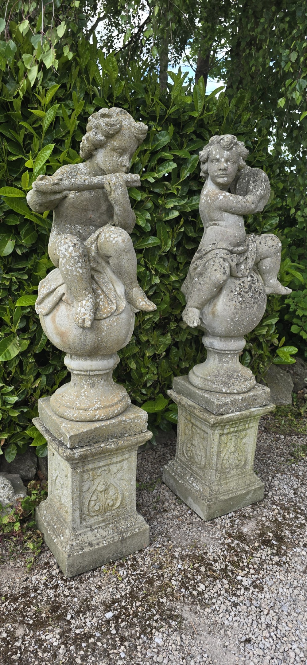 Large Pair Stone Cherubs on Plinths View II