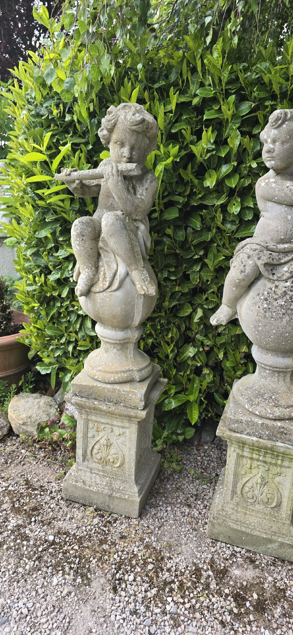 Large Pair Stone Cherubs on Plinths View IV