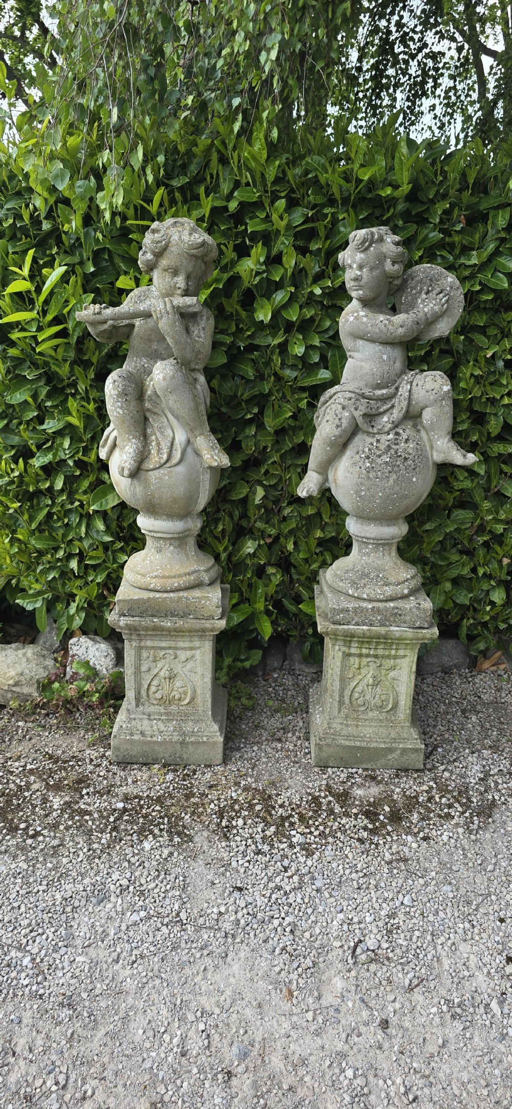 Large Pair Stone Cherubs on Plinths View V