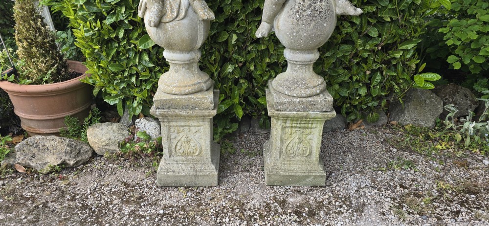 Large Pair Stone Cherubs on Plinths View VII