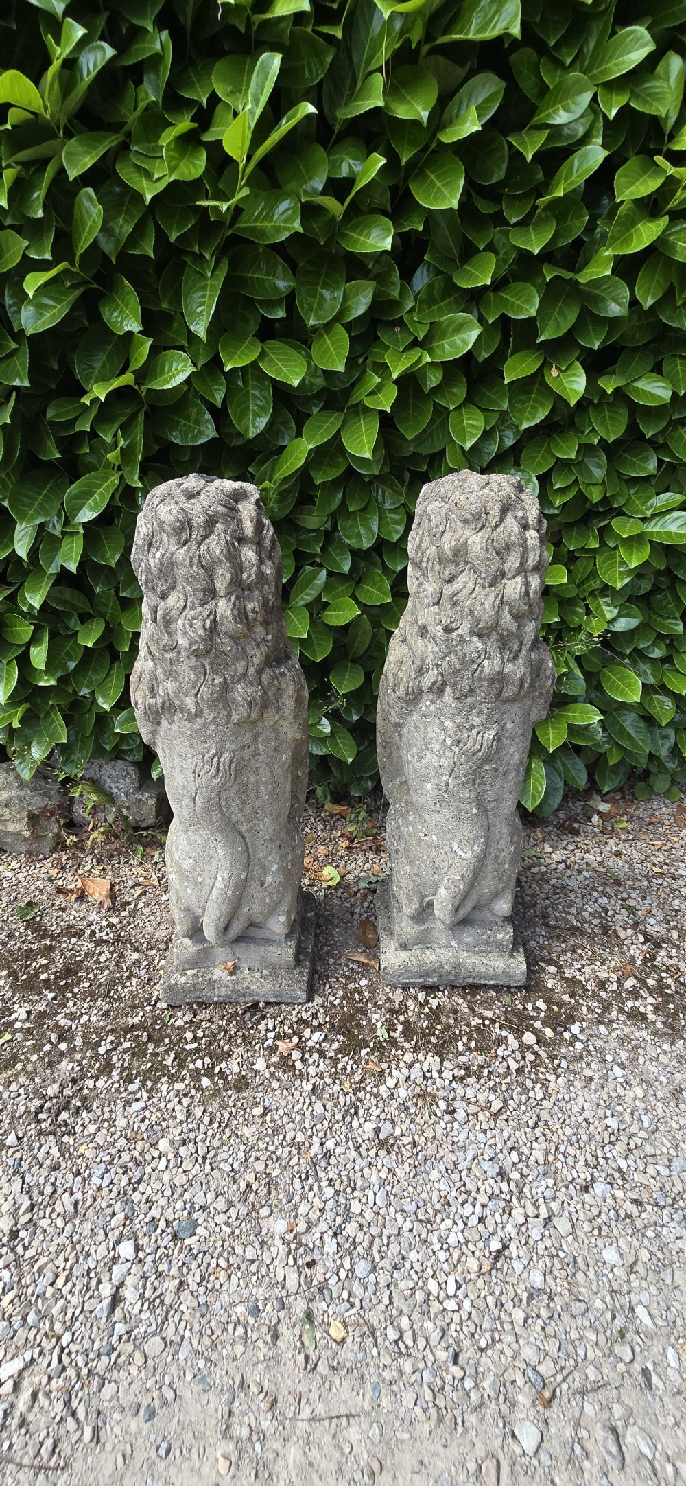 A pair of weathered grey stone garden statues depicting standing lions holding heraldic shields on rectangular bases. View X