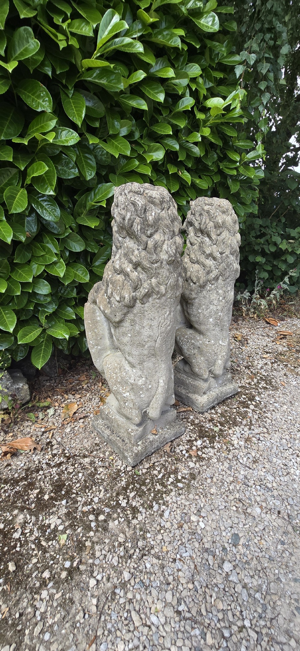 A pair of weathered grey stone garden statues depicting standing lions holding heraldic shields on rectangular bases. View XI