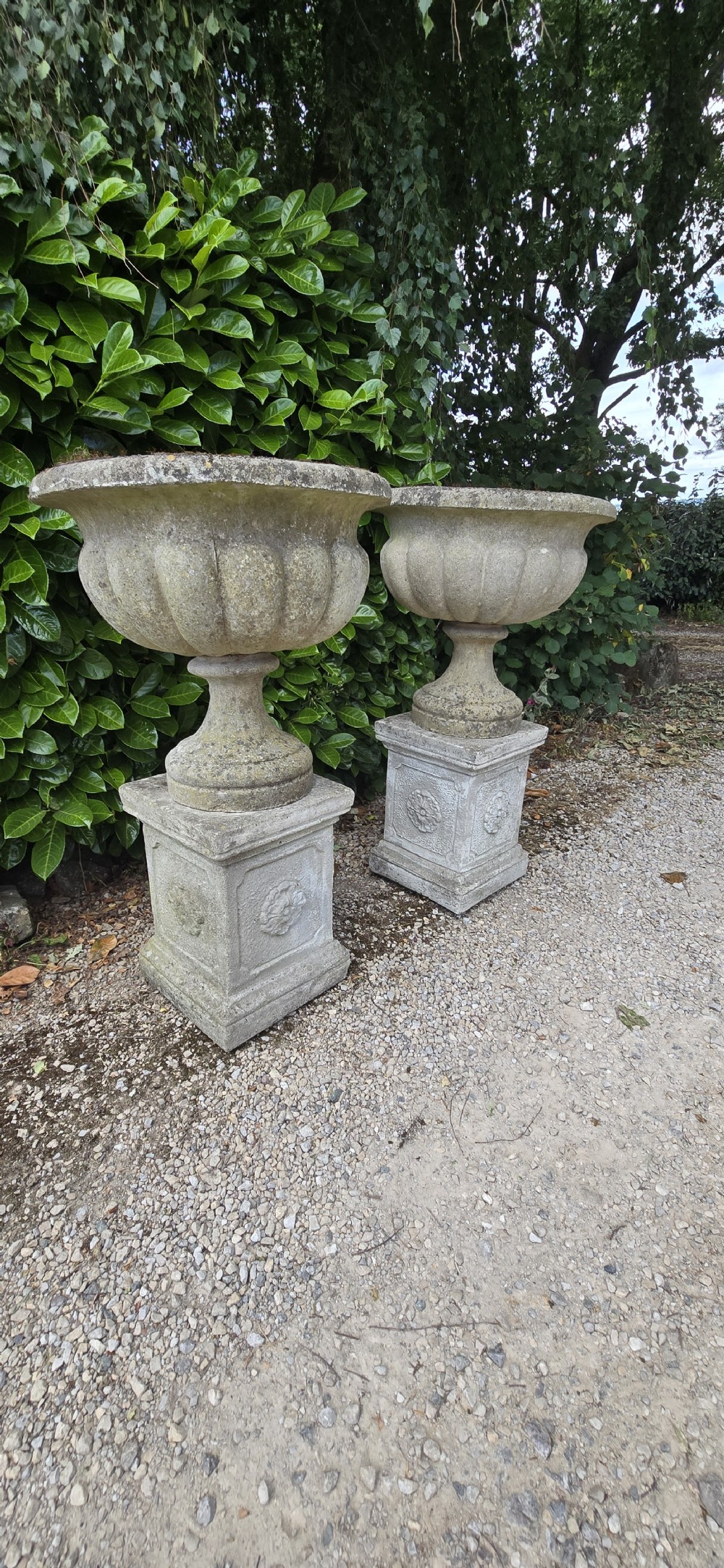 Pair of weathered grey cast stone garden urns featuring fluted bodies and resting on square decorated pedestals. View VI