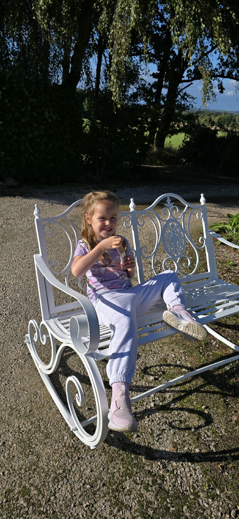 A pair of restored white-painted wrought iron garden rocking benches featuring ornate decorative scrollwork backrests and slatted seats. View XVIII