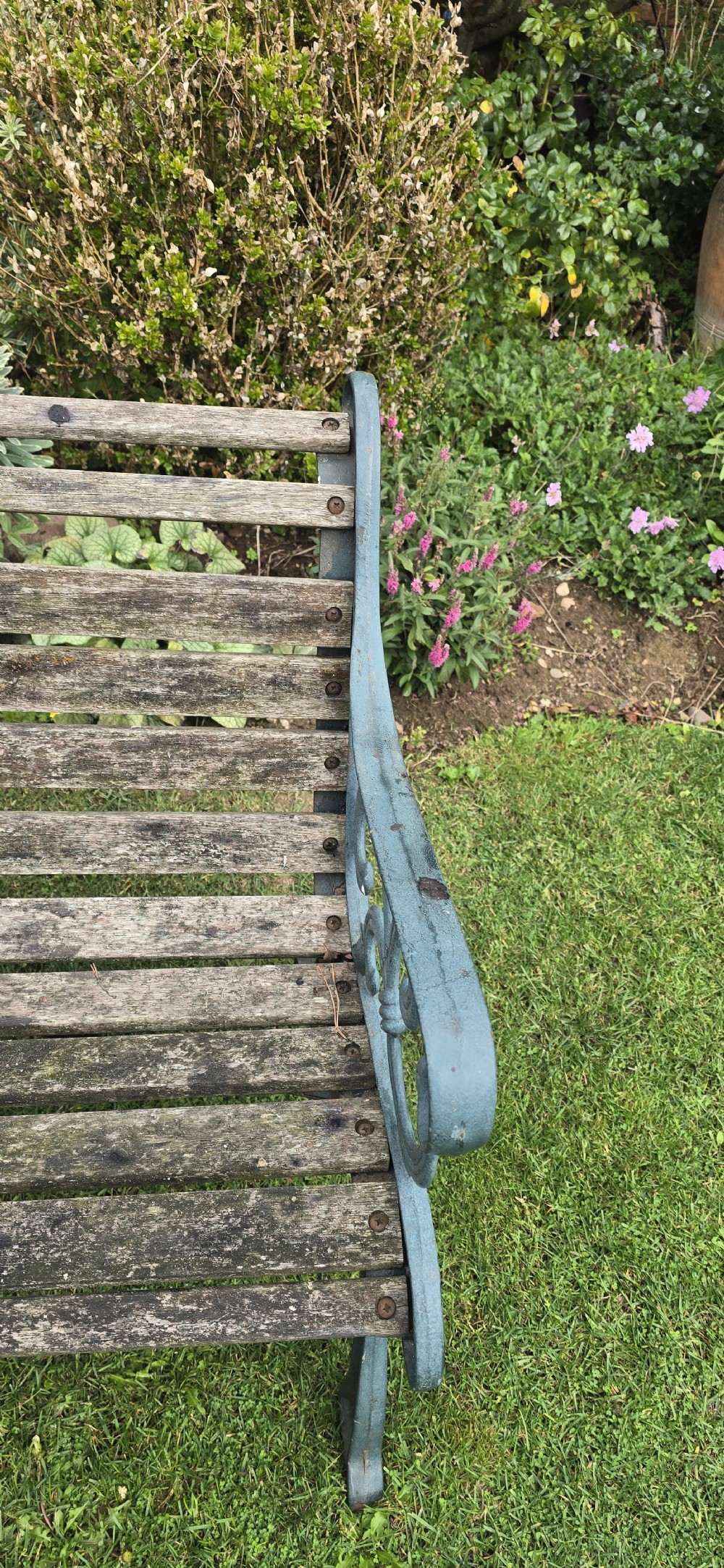 A slatted wooden garden bench with dark green cast iron scrollwork end frames sitting on grass. View V