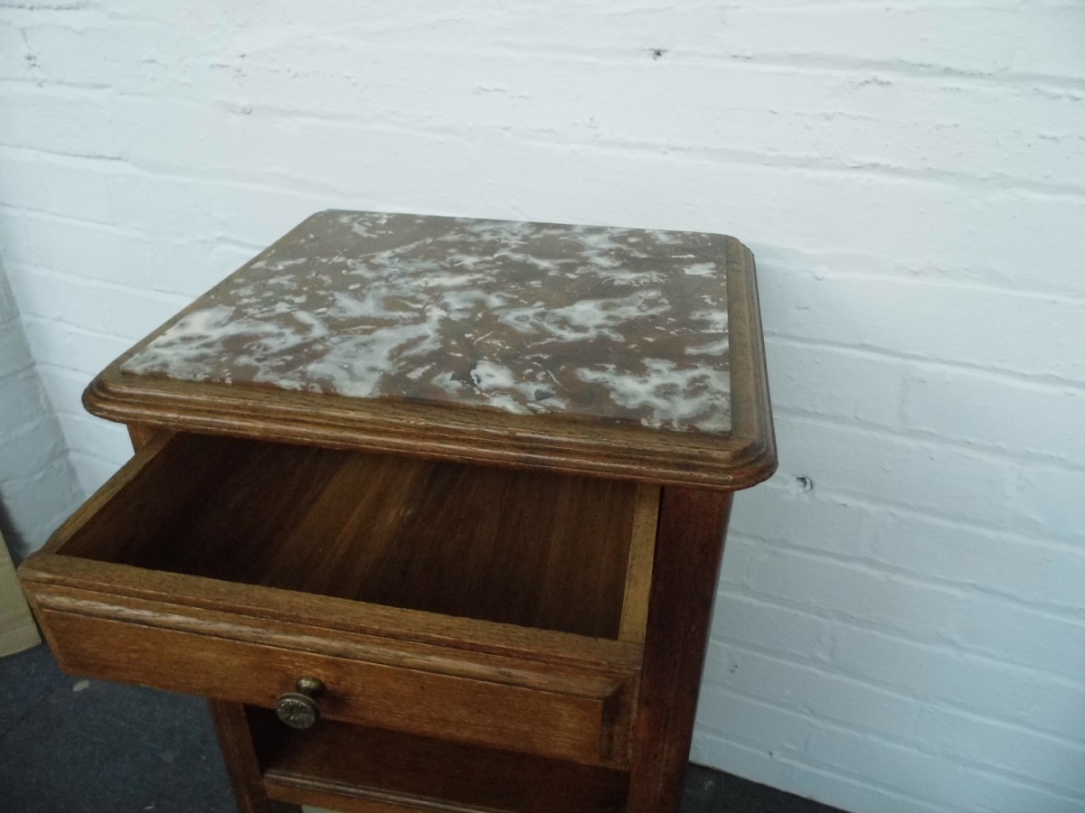 FRENCH OAK MARBLE TOP BEDSIDE CABINET. View IV