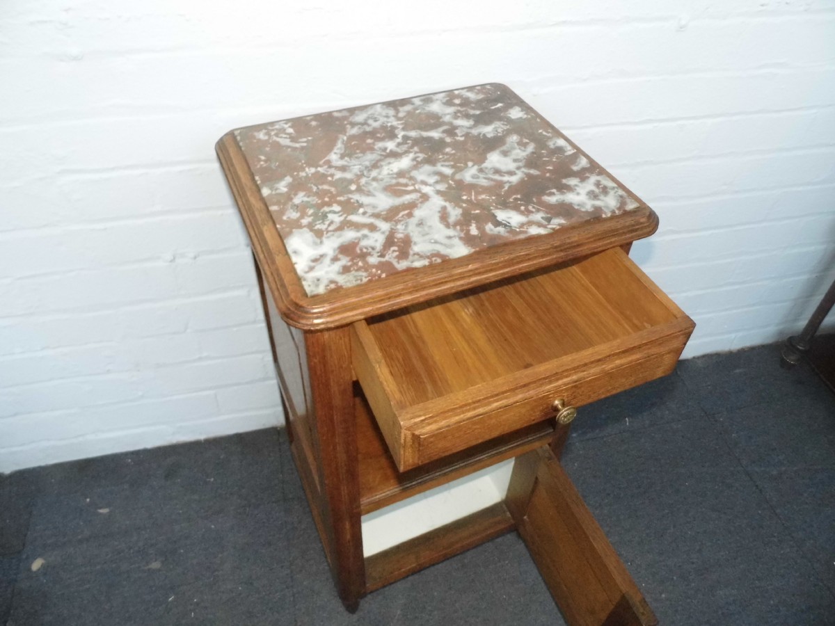 FRENCH OAK MARBLE TOP BEDSIDE CABINET. View V