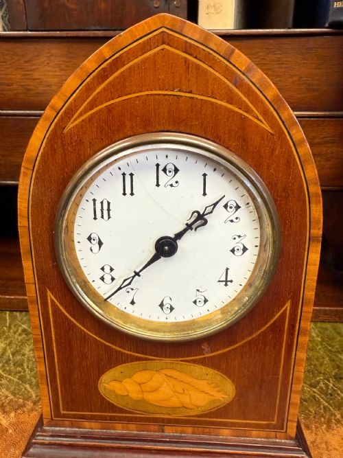 EDWARDIAN MAHOGANY INLAID MANTLE CLOCK DATED 1904